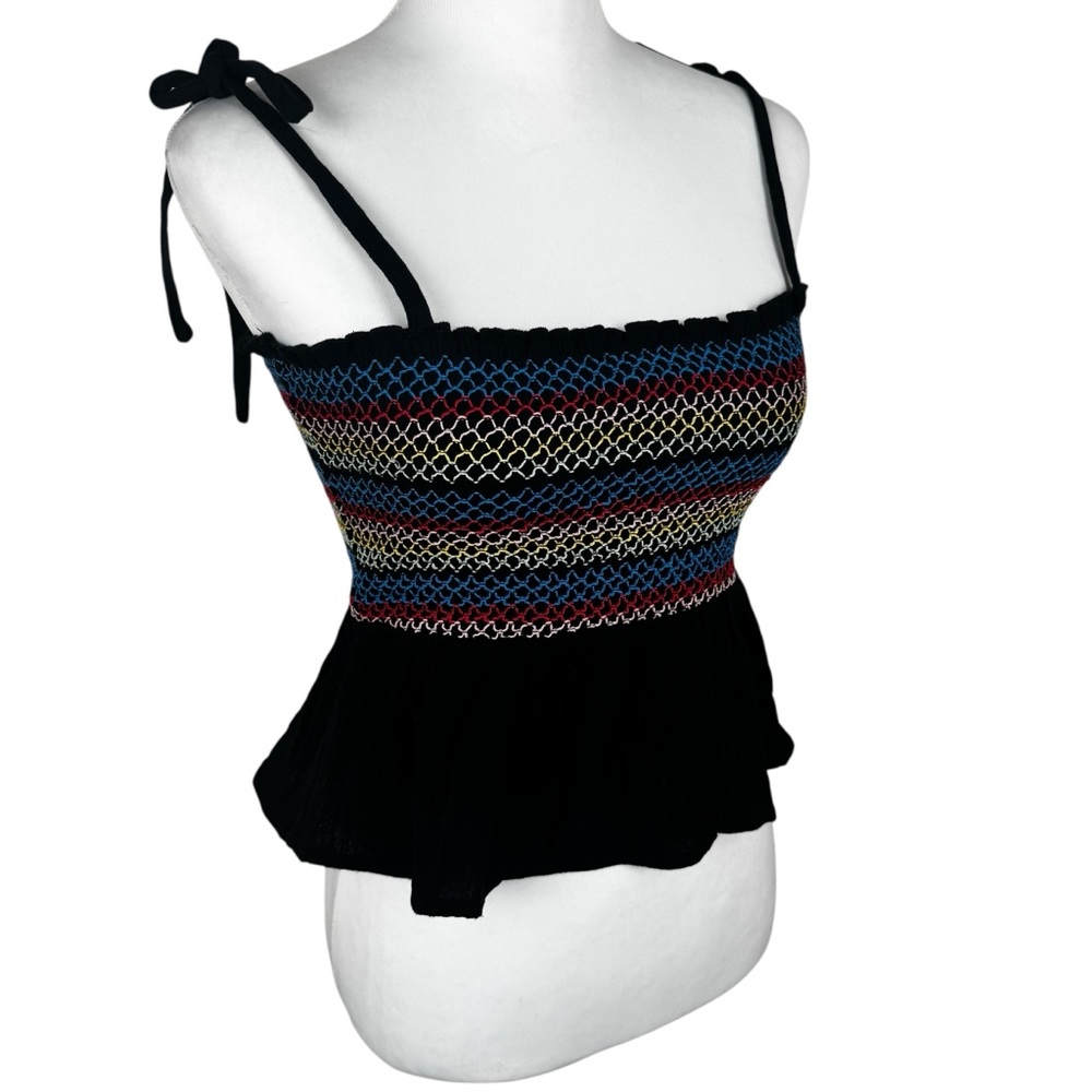 NWT Day + Moon Black Smocked Multicolor Cami Crop Tank Top Peplum Stretch - Picture 7 of 12